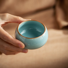 天青汝窑功夫茶杯单只家用客人喝茶品茗杯禅定杯冰裂纹汝瓷小茶杯