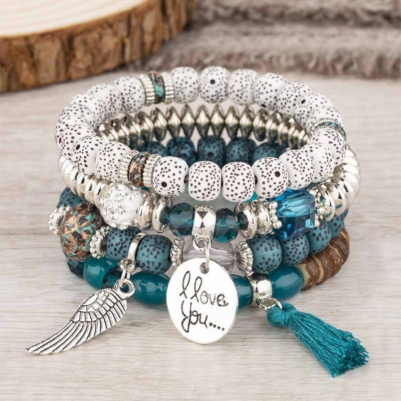 Fashionable Bohemian Jewelry Women's Tassel Wings I Love You Pendant Tassel Multi-Layered Beaded Bracelet Set