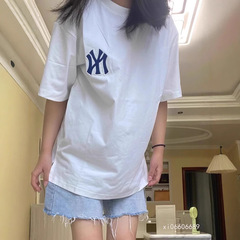 MLB刺绣大logo下角开衩短袖休闲宽松男女情侣T恤时尚潮2025夏季批