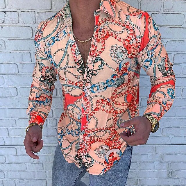 2023 Cross-Border Popular 3D Printed Chain Pattern Series Men's Long-Sleeved Gentleman Style Lapel Shirt Gothic Style