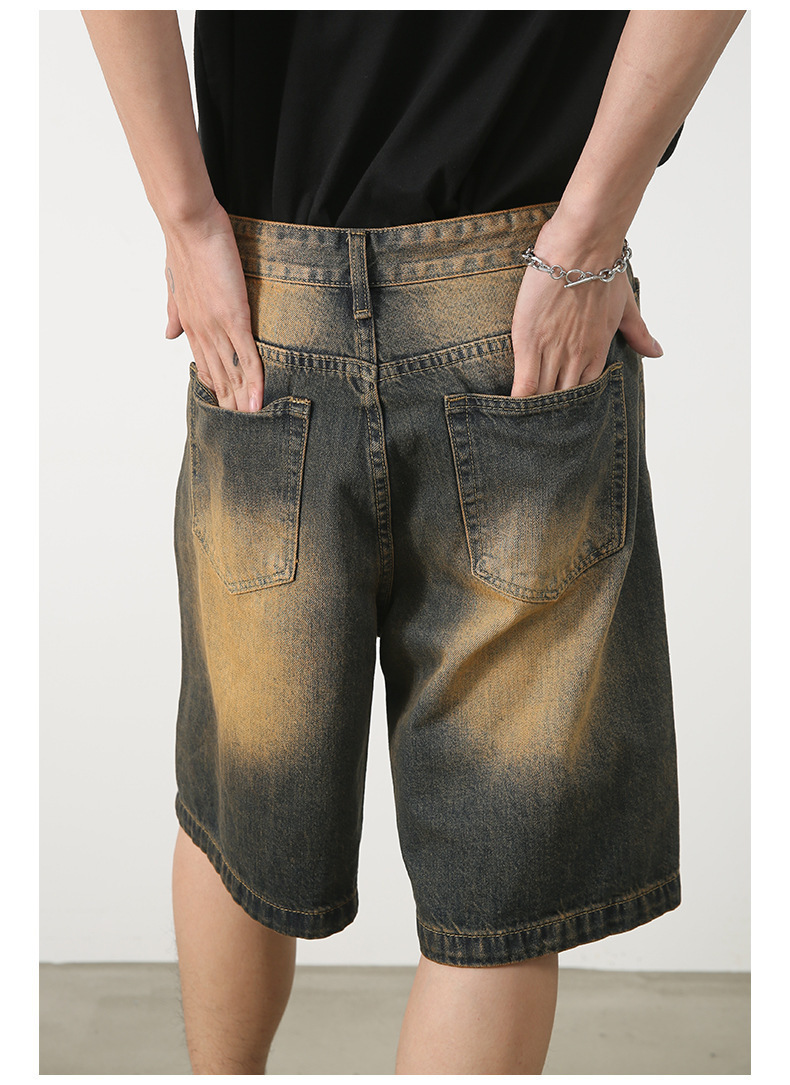Men's Summer Retro Distressed Blue Denim Shorts Loose Straight Versatile Hot Pants Trendy American Style_mkmklike.com