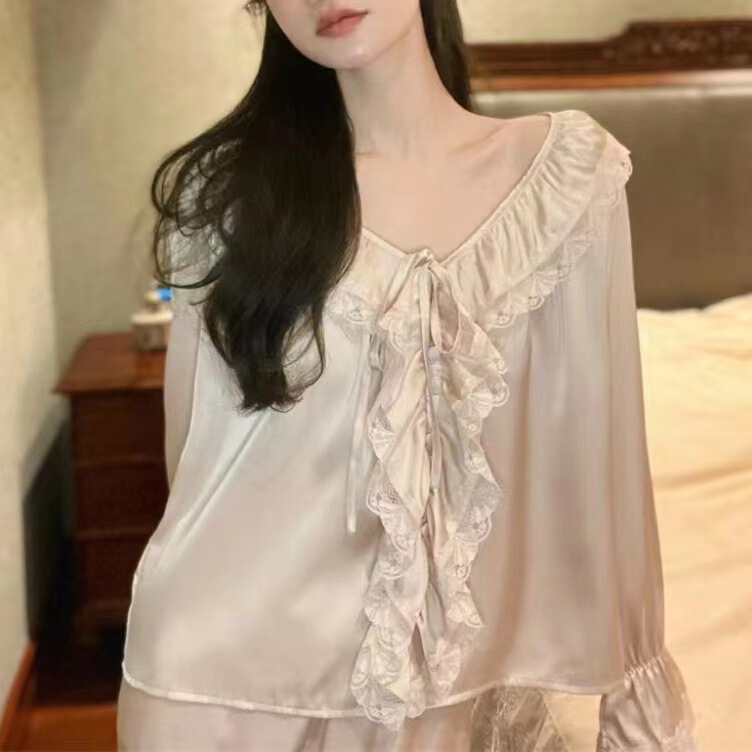Japanese Gp Pajamas for Women, Spring and Autumn Satin Ice Silk Long-Sleeved Set, Pink Palace Style Loungewear, Elegant Nightgown