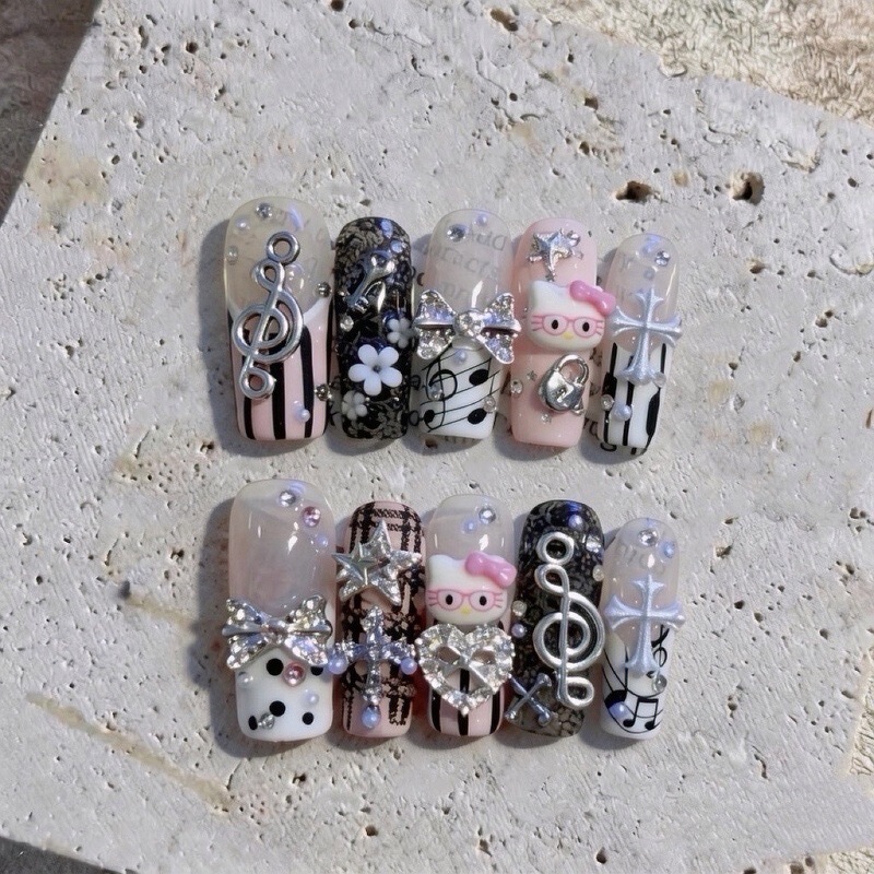 "Sweet Cool Kitty·Musical Notes" Subculture Hot Girl Y2K Cross-Shaped Handmade Nail Art
