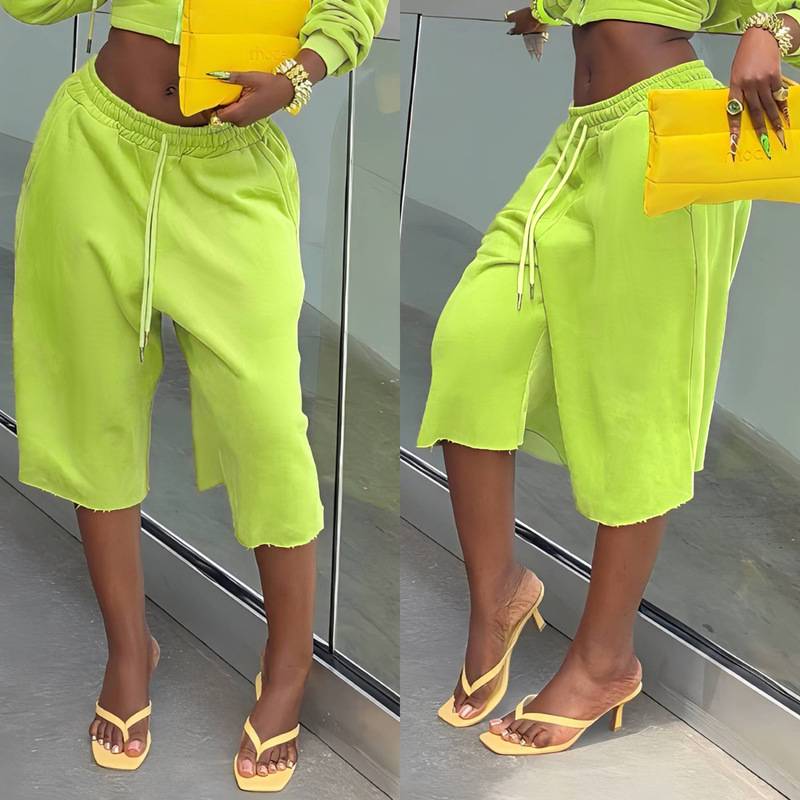 S391600 Cross-Border Women's Clothing Wholesale Lime Green Loose Knee-Length Shorts Women's Summer Casual Drawstring Shorts S391600 Cross-Border Women's Clothing Wholesale Lime Green Loose Knee-Length Shorts Women's Summer Casual Drawstring Shorts