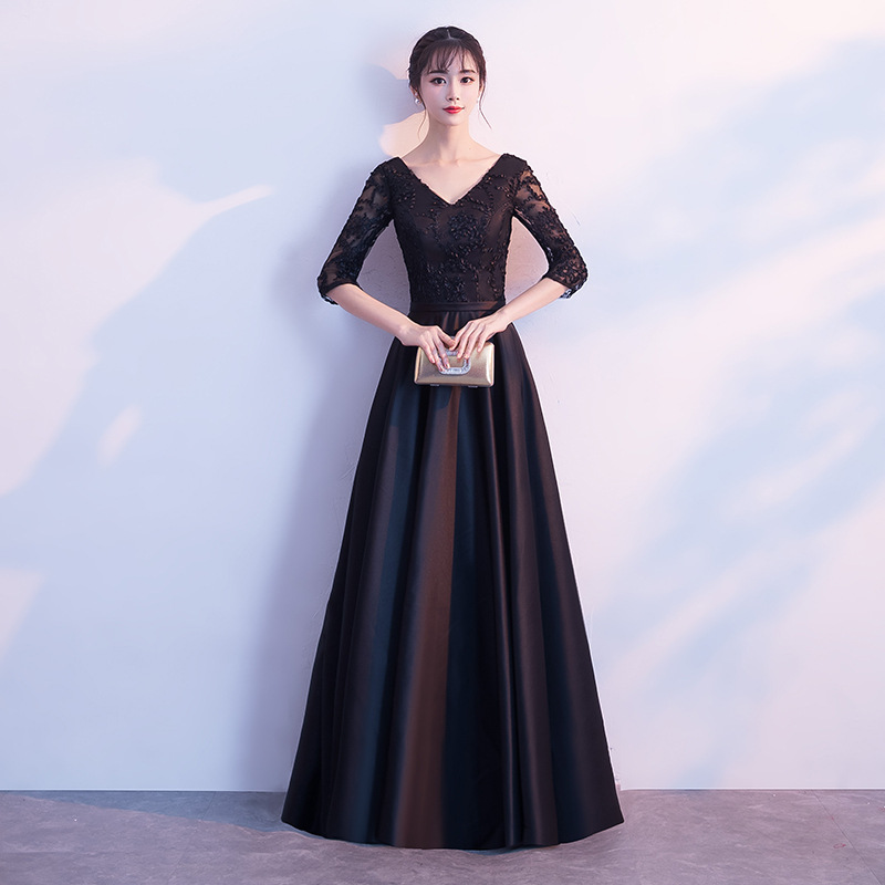 大合唱演出服女比赛指挥服主持人黑色晚礼服宴会成人表演长裙春季