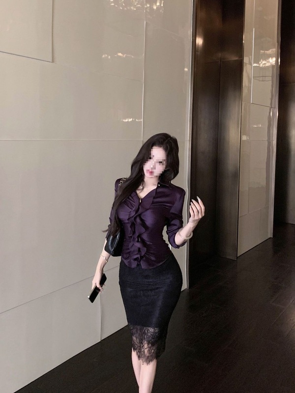 纯欲风套装女荷叶边紫色v领短袖衬衫女夏季黑色蕾丝半身裙两件套|undefined