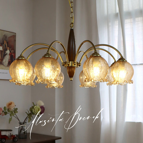 Chinese antique living room chandelier creative solid wood dining room bedroom lamp Japanese retro American-style guesthouse copper-colored floral glass lamp