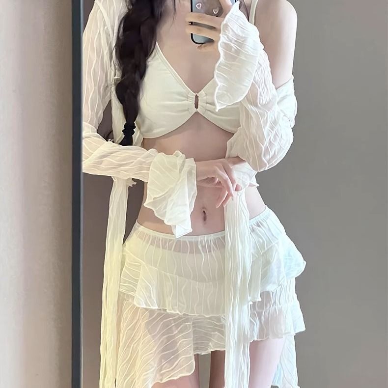 Bikini New Long-Sleeved Lace Swimsuit Women's Split Four-Piece Set Sexy Small Breast Push-Up Hot Spring Swimsuit