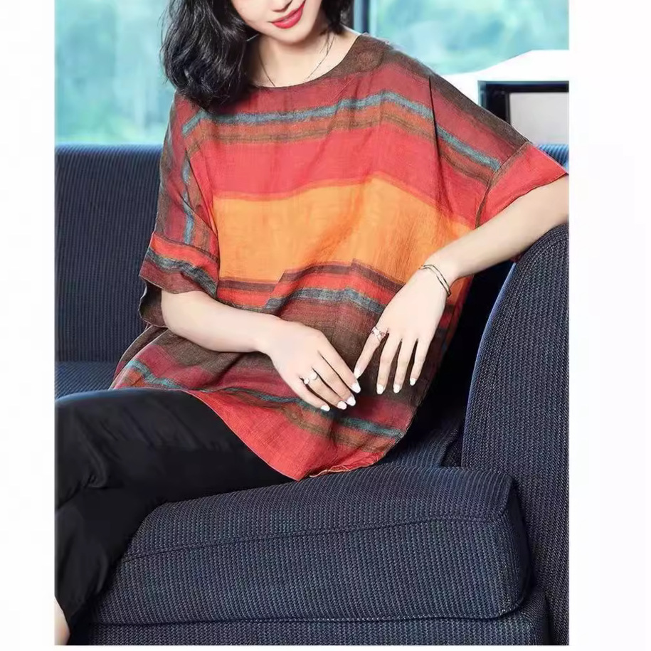 2026 Summer New Style Large Size Loose Fashionable Rainbow Striped Round Neck Half-Sleeve T-Shirt Top for Moms Trendy