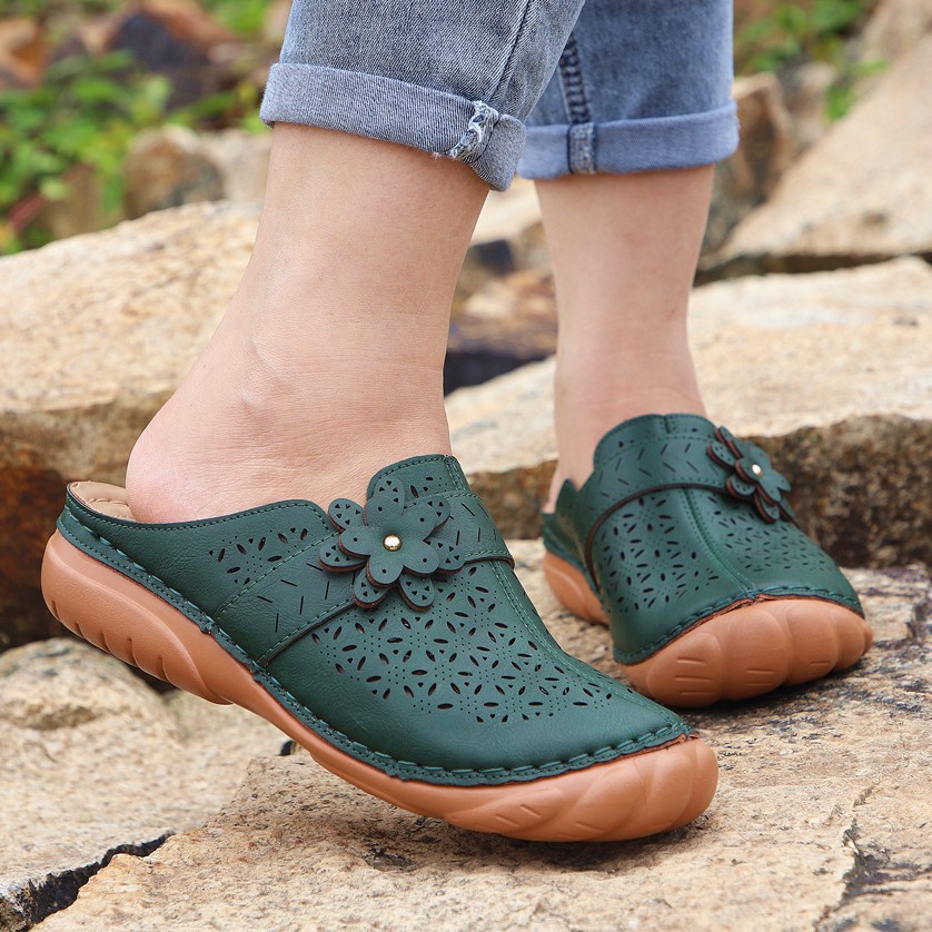 2021 Summer European and American Foreign Trade Large Size Half Slippers Hollow Embroidered Thick Bottom Women's Wedge Heel Baotou Sandals Wholesale