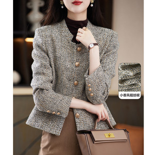 Tweed Style Woolen Jacket 2024 Autumn and Winter New Commuter Stand-Up Collar Design Straight Long-Sleeved Top for Women