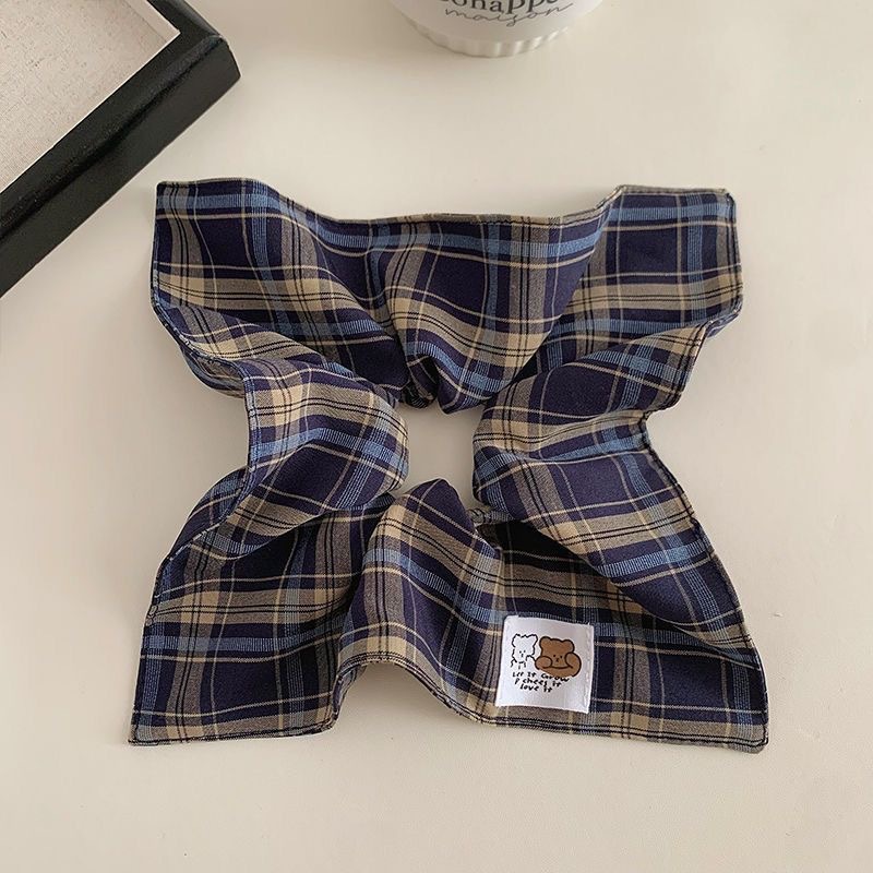 20# square scarf with blue plaid and two bears logo about 22cm