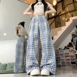 美式复古格子阔腿裤女夏季新款高腰显瘦BF宽松直筒工装休闲裤