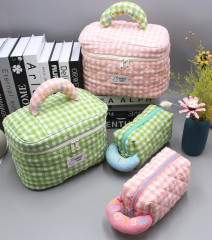 A fresh and clean Japanese and Korean style embroidered cotton tote bag with large capacity for makeup and cosmetic compartment storage, for women.