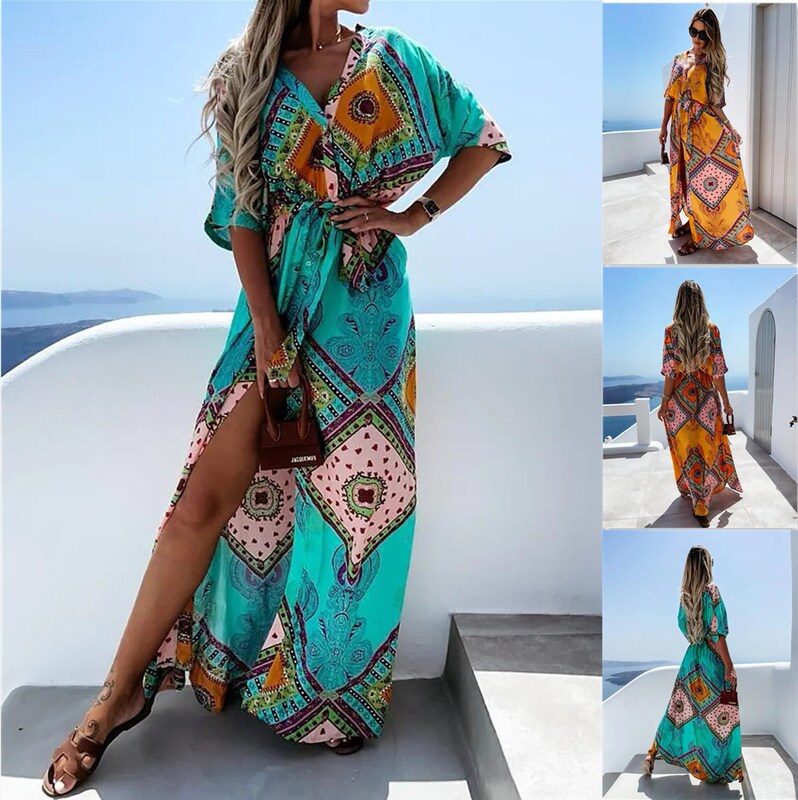 2021 Women's Swing Dress Long Dress Green Orange Half Sleeve Printed Summer Casual