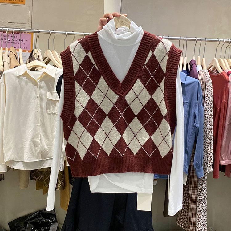 Autumn New Arrival Rhombus Pattern Korean Style Preppy Vest Short V-Neck Knitted Vest All-Match Outer Wear Sweater Top