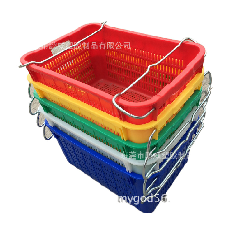 厂家直销深圳农贸市场用带铁耳的塑料框 水果蔬菜运输周转箩筐