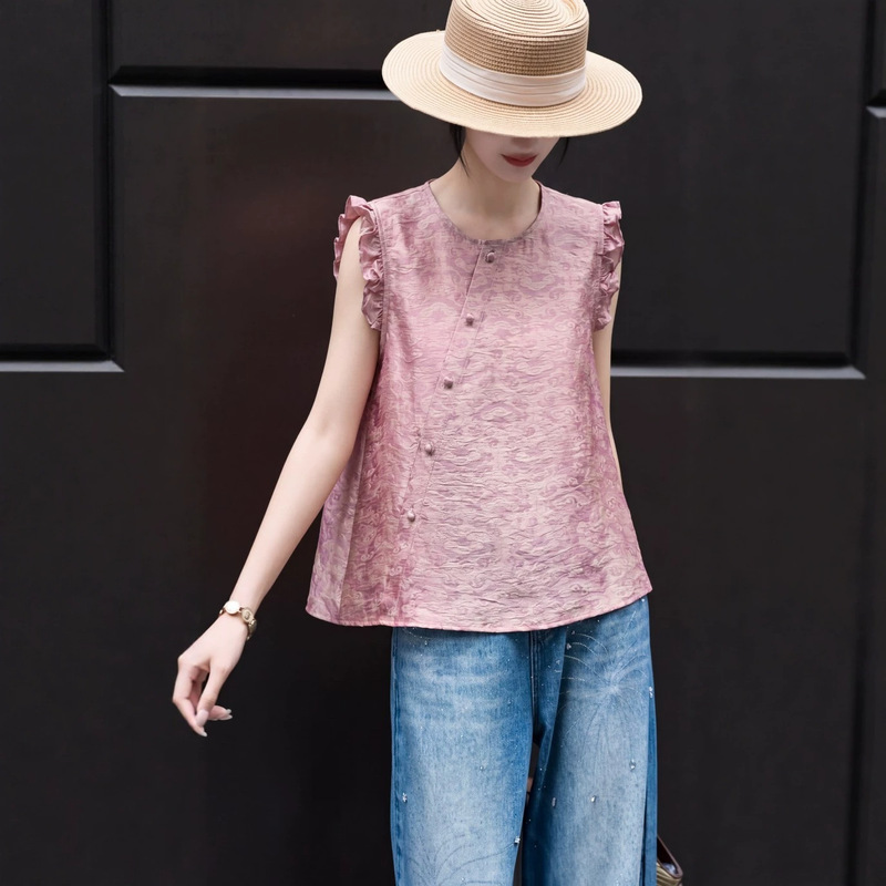 Nanyou Wholesale New Chinese Style Fashion Rayon Jacquard Shimmering Brocade Sleeveless Top 2026 Summer Model Age-Reducing Versatile Blouse Nanyou Wholesale New Chinese Style Fashion Rayon Jacquard Shimmering Brocade Sleeveless Top 2026 Summer Model Age-Reducing Versatile Blouse