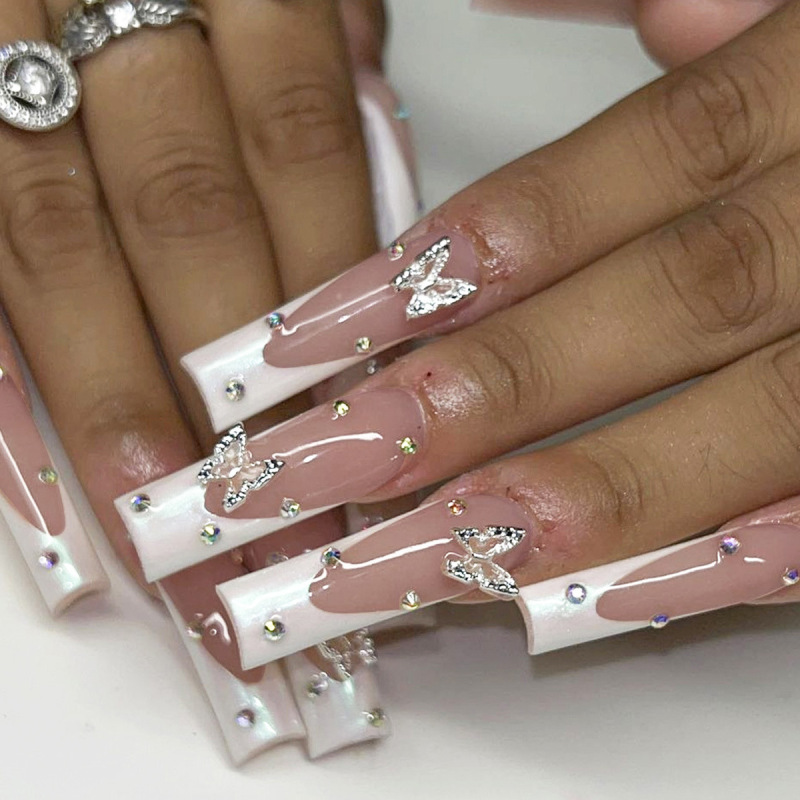 Cross-border foreign trade long water pipe white French high-grade fake nails shiny rhinestone metal three-dimensional butterfly wearing armor