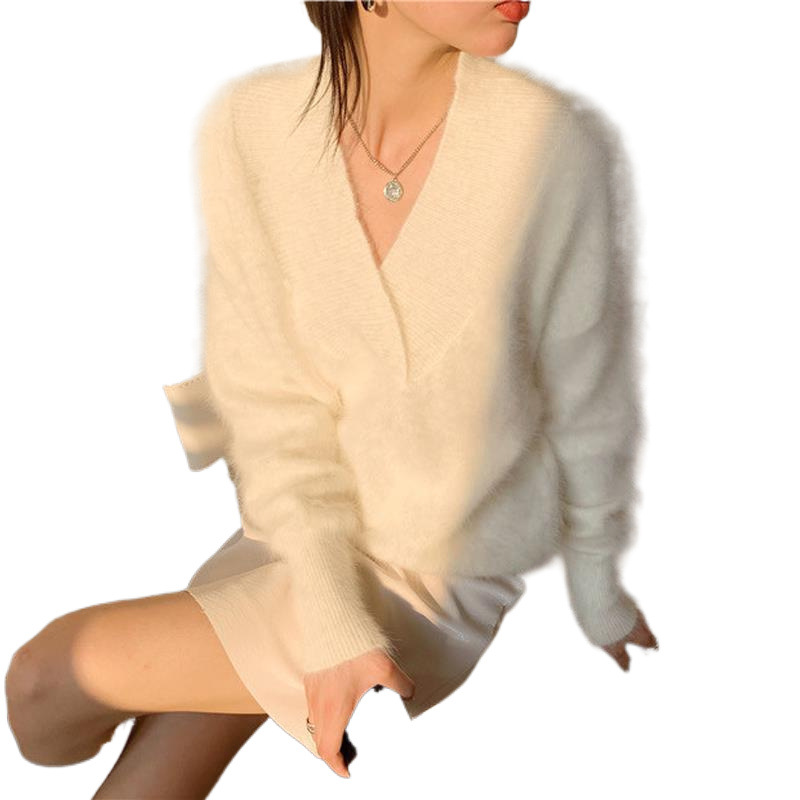 (2개) 스웨터 여성의 가을과 겨울 2024 새로운 한국 세련된 젠틀 스타일 V-넥 밍크 모피 웨스턴 스타일 모피 니트웨어 여성용