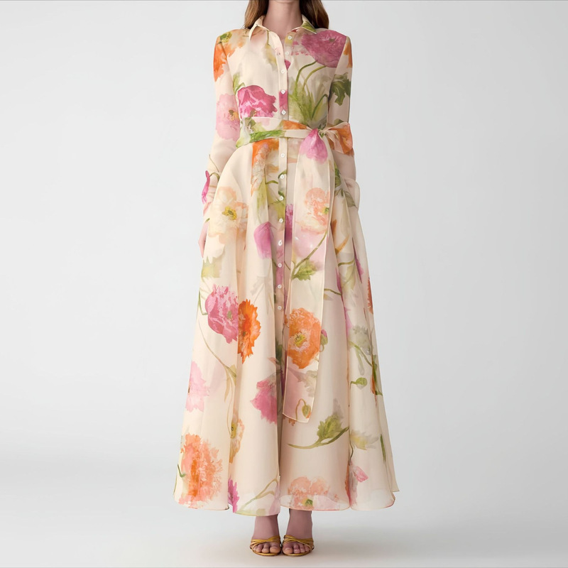 European and American Style Printed Shirt Long-Sleeve Slim-Fit Waist-Tie Dress High-Waisted Oversized Long Skirt European and American Style Printed Shirt Long-Sleeve Slim-Fit Waist-Tie Dress High-Waisted Oversized Long Skirt