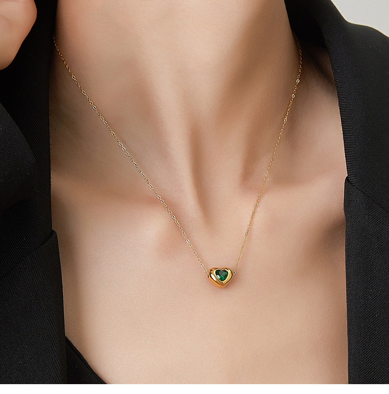 Japanese Style Heart Shape Titanium Steel Gold Plated Zircon Necklace 1 Piece