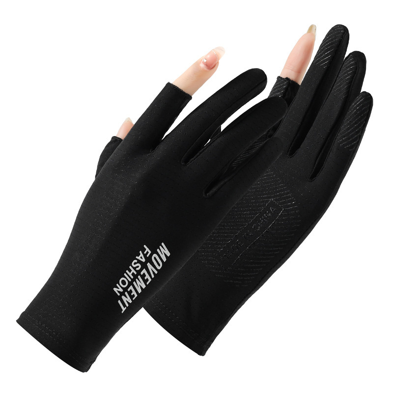 Guantes de protección solar para mujer de seda de hielo fino primavera y verano Protección UV conducción antideslizante fuga dedo pesca sombrilla