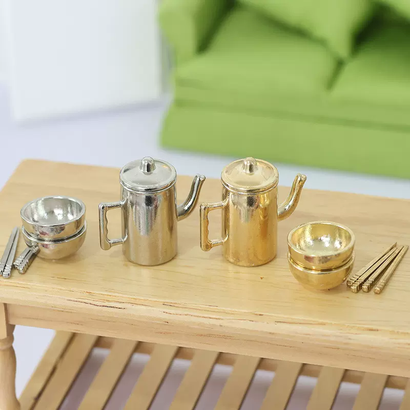 迷你微缩obll娃娃屋配件水壶 碗筷金属摆件mini茶壶dollhouse餐具
