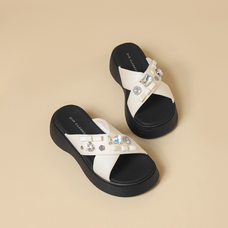 Dép sandal nữ đế dày quai chéo đính đá thoáng khí — KN331 Đen