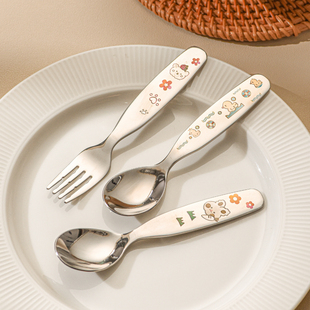 Cute Kidsren's Spoon and Fork 304 Stainless Steel Baby Eating Spoon High-Looking Kindergarten Tableware Spoon Short Handle