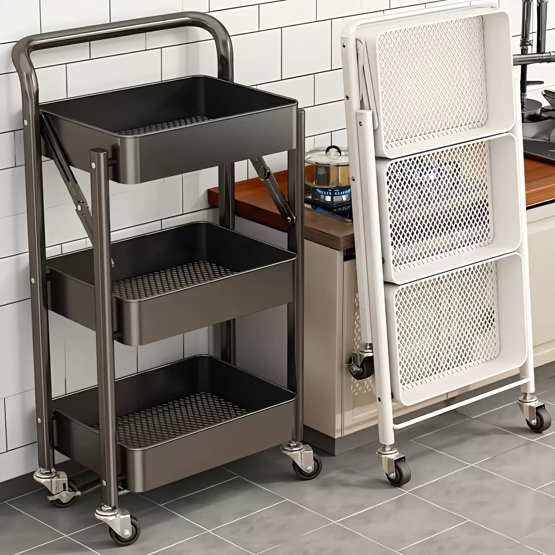 折叠置物架免安装移动推车客厅零食收纳架落地多层婴儿用品储物架