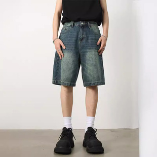 2024 Summer New Retro Old Blue Denim Shorts Men's Loose Straight All-match Pants Hot Pants Trendy Brand