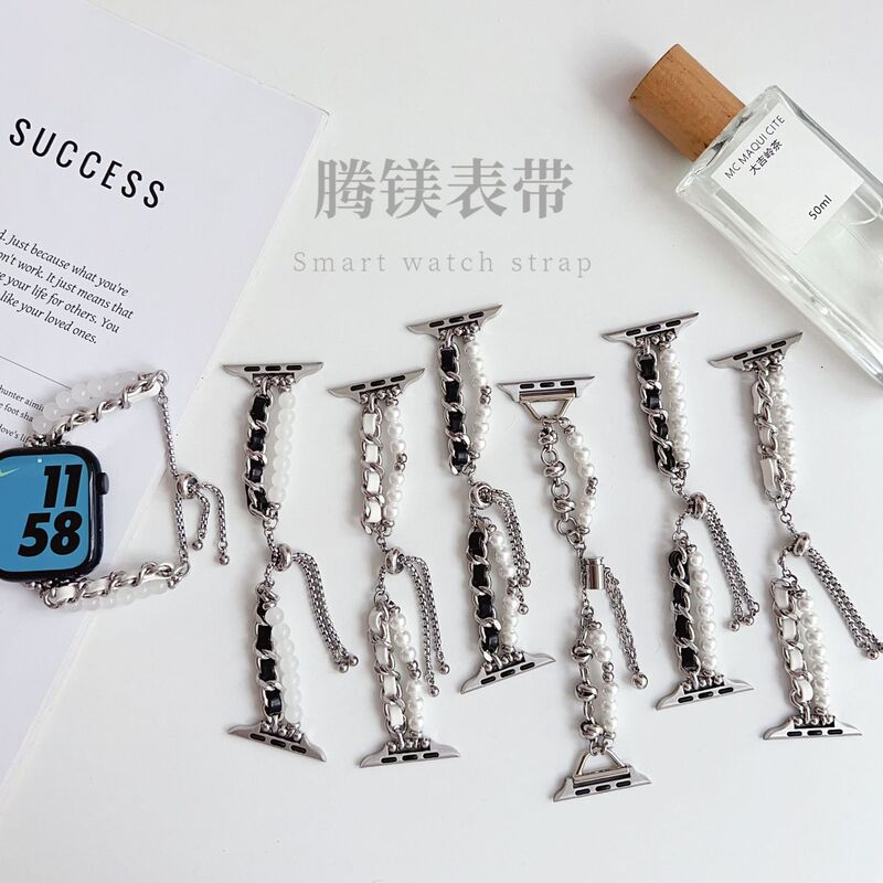 for applewatch9 apple watch xiaoxiang style pearl iwatch8se stainless steel chain leather strap