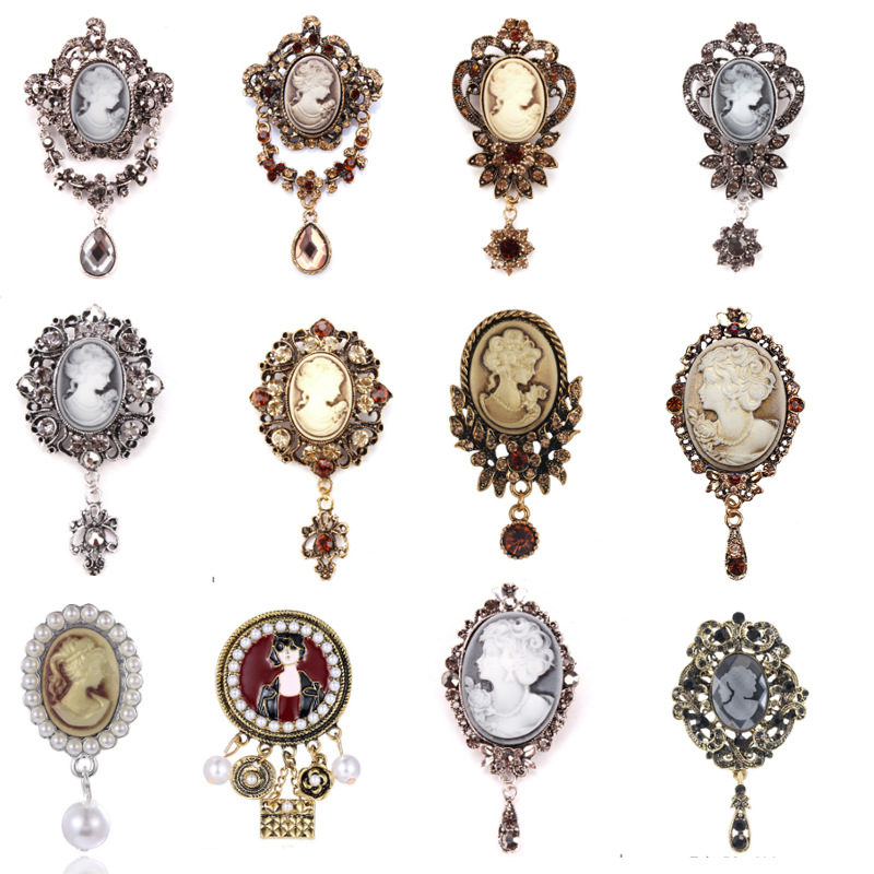 New European And American Fashion Rhinestone Beauty Head Brooch Palace Socialite Vintage Corsage Women Clothing_voghion.com