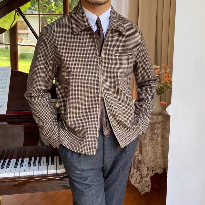 New Autumn and Winter Retro Zipper Loose Houndstooth Casual Jacket Retro Waist Lapel Casual Warm Jacket Men