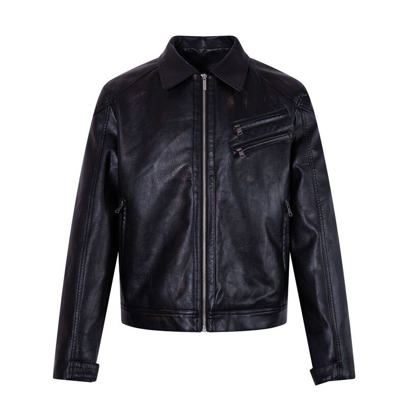 26138 High Street American Style Unisex Vintage Zipper Decorated PU Leather Jacket Design Men's Loose Fit Turn-down Collar Jacket