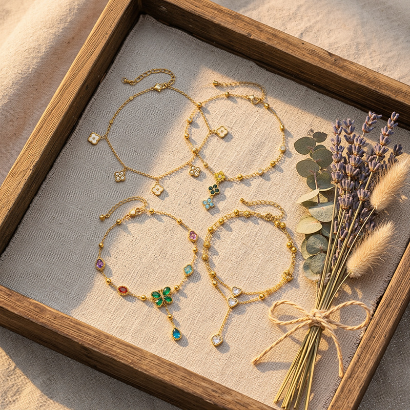 TENA Europa y América verano viento de playa afortunado diseño de cuatro hojas de zircón colorido ligero joyería de estilo de vacaciones de lujo mujer