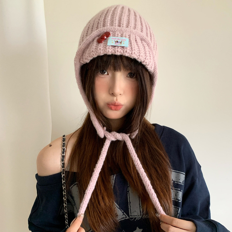米白色巴拉克拉法帽子女款蝴蝶结护耳保暖针织毛线帽显脸小雷锋帽|undefined