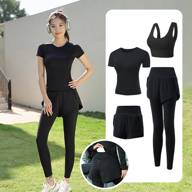 Trajes de yoga para mujeres de verano para correr ropa deportiva suelta rápida ropa seca bolsillo para correr trajes de mujeres de la mañana para correr comercio exterior