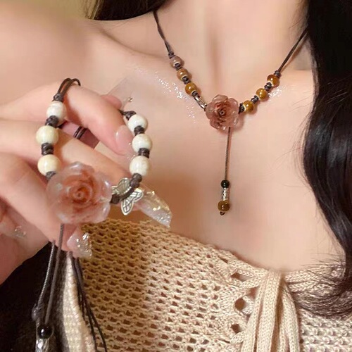 New Chinese-style Camellia Woven Necklace for Women,  Latest Collection: Ethnic-style Vintage Ceramic Bead Clavicle Chain & Necklace