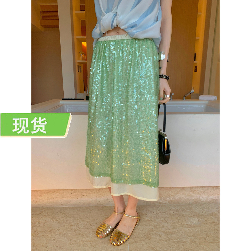 Mona Mint-Colored Sequin Skirt/Slightly Loose H-Shaped Mid-Waist Double-Layered Faux Two-Piece Color-Blocked Skirt