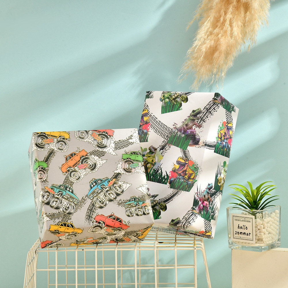 Amazon nuevo coche de dibujos animados dinosaurio papel recubierto papel de regalo de vacaciones para niños papel de regalo