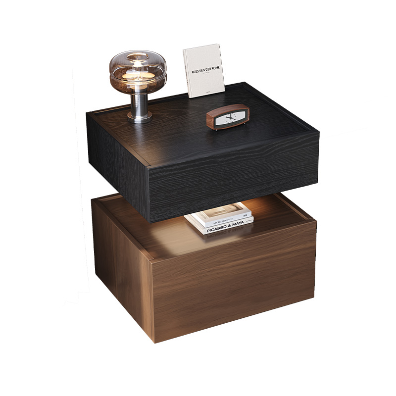 Una caja fuerte inteligente de cabezal de cama de madera sólida en un dormitorio doméstico simple con cerradura de lujo ligero y alta sensación de caja fuerte pequeña