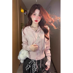韩系收腰显瘦连帽针织开衫女春季新款修身显瘦休闲百搭设计感上衣