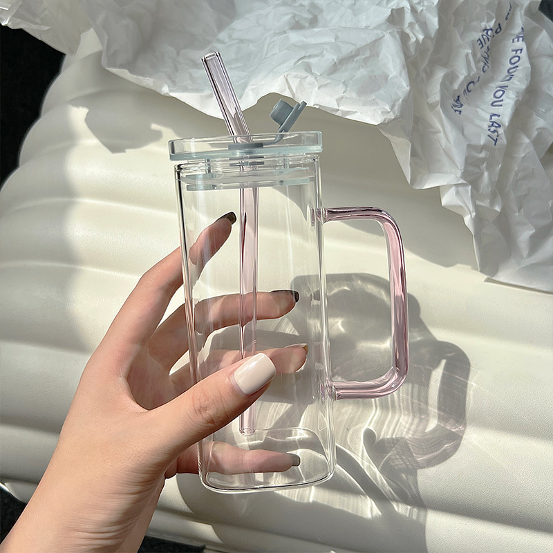 Taza de vidrio cuadrada al por mayor taza de té separada taza de agua de paja transparente taza de vidrio de silicona alta temperatura