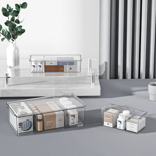 Overflow purchase three-compartment large-capacity storage box simple transparent PET desktop detachable medicine box organizer