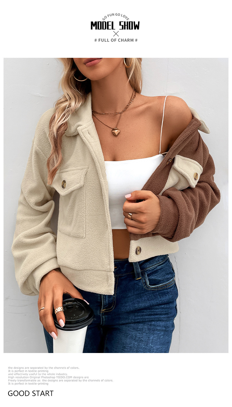 Autumn and Winter Contrast Color Block Jacket Lapel Short Jacket Polar Fleece Jacket_voghion.com