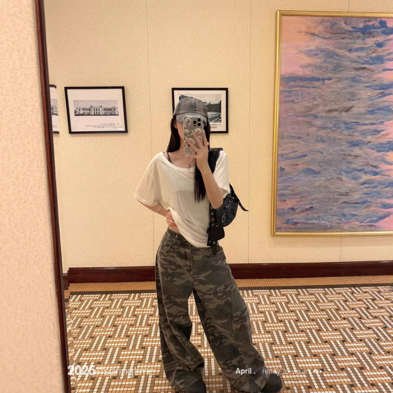 Sunoneone Camouflage Print Loose Jeans Trendy Brand Women's Summer 2025 New American Retro Casual Pants