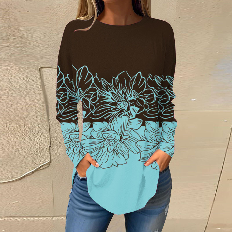2023 spring new women's digital printed long-sleeved T-shirt pullover round neck loose casual Christmas printed T-shirt