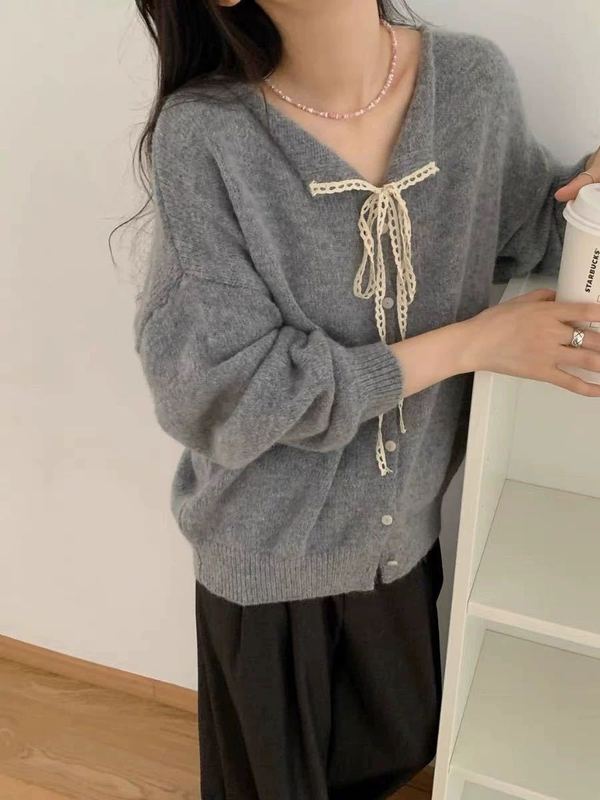 韩系系带蕾丝翻领毛衣小外套女秋冬新款纯色百搭软糯针织开衫毛衣|undefined